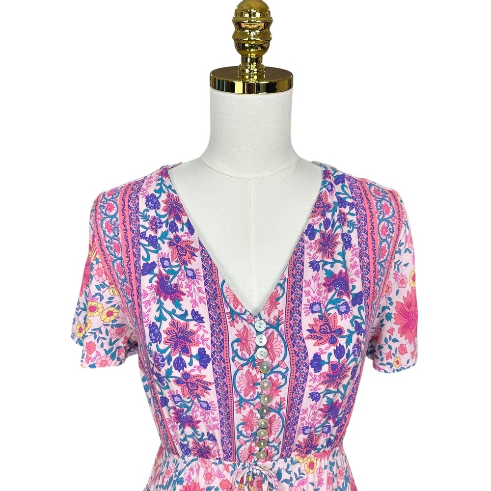 Viovimos Pink Floral Boho Maxi Dress V-Neck‎ Tiered Button Front Size S 4/6 - Picture 3 of 8